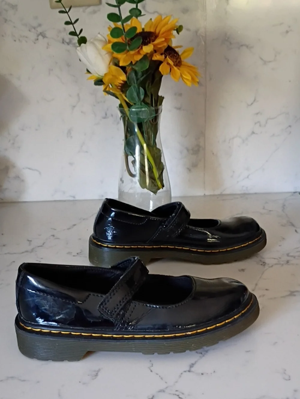 Dr. Martens Girls Black Patent Mary Jane Shoes with Yellow Stitching